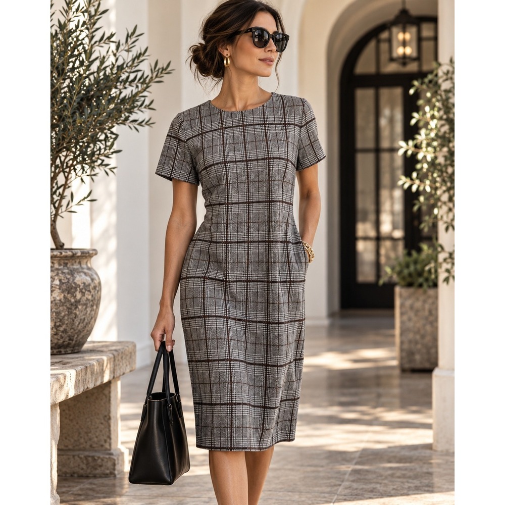 Calvin Klein Glen Plaid Ponte Knit Shift Dress Womens Size 10 Short Sleeve